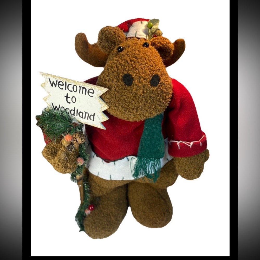 Christmas Holiday Moose Plush Figurine Woodland Welcome Sign 18” Cottage  New